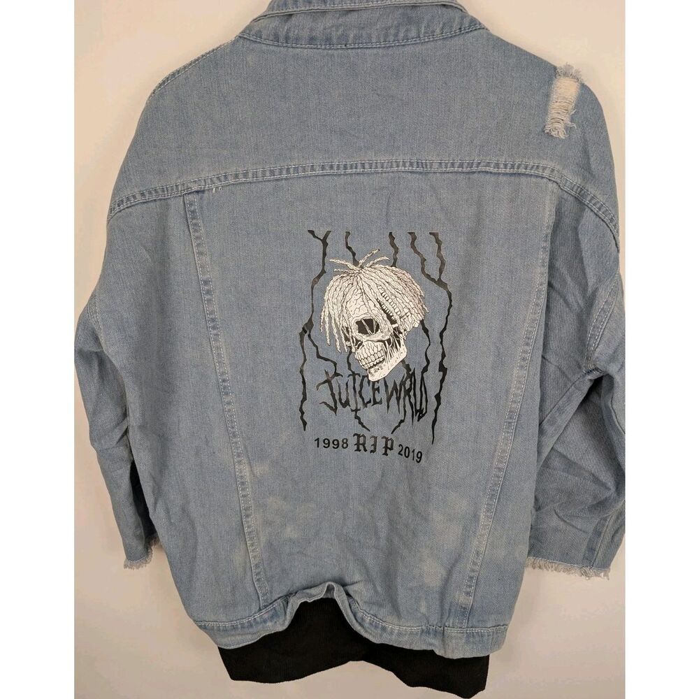 Juice Wrld Denim Jacket Distressed Denim Coat Screen Print 1998 RIP 2019 Size XL